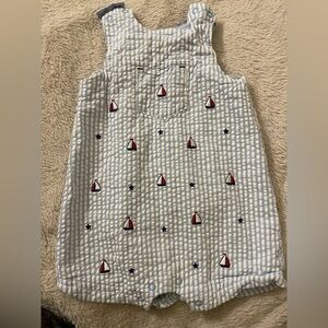 EUC Seersucker Sailboat Embroidered Baby Boy Romper